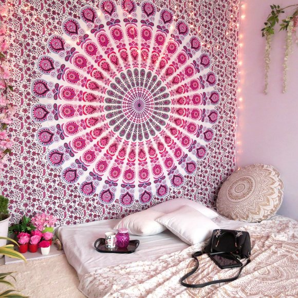 Pink Peacock Feather Mandala Tapestry Wall Hanging - Picture 1 of 3